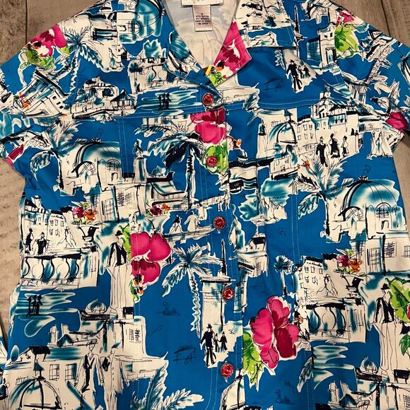 Susan Graver Women Blue Pink Tropical City Scape Collar Blouse Jacket 8 BE - Picture 2 of 9
